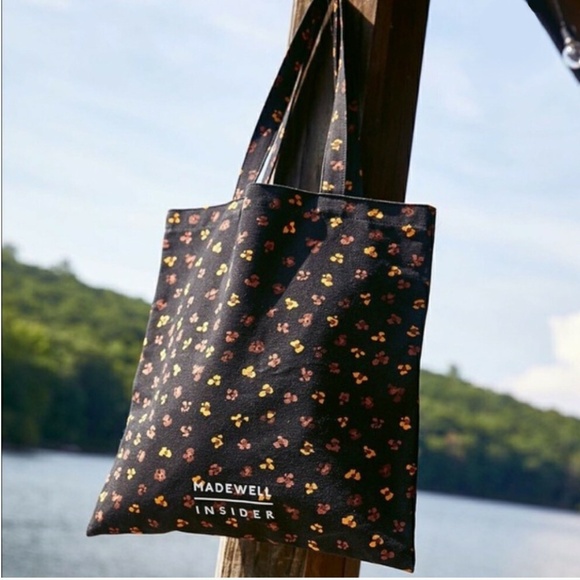 Madewell - Insider Black Cotton Canvas Brown Yellow Floral White Logo Tote Bag - Picture 1 of 8